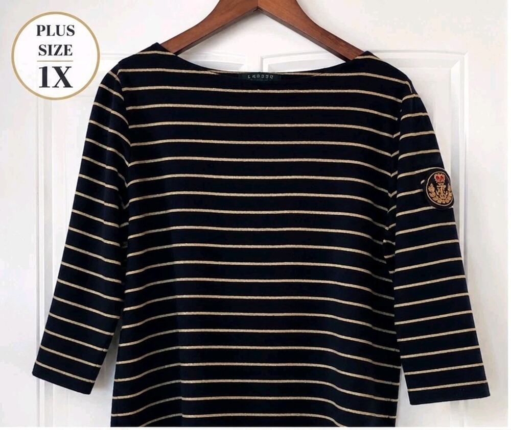 Lauren Ralph Lauren Womens Shirt Size 1X Blue gold Striped 3/4 Sleeve Preppy